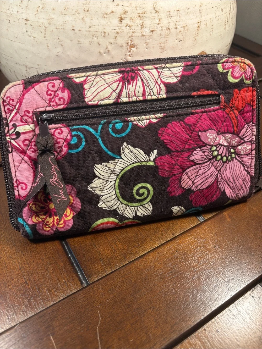 Vera Bradley Floral Zip Wallet in Pink, Brown & Cream Accents